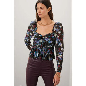 Peter Som Designer Blouse Smocked Floral Sexy Peplum Ruffle Puff Sleeve Size 16